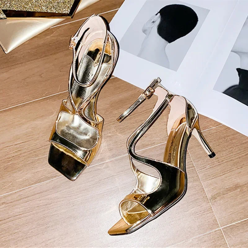 Elegant Ankle Cover Strap 7CM Gladiator Sandals Square Open Toe Pink High Heels Wedding Banquet Shoes