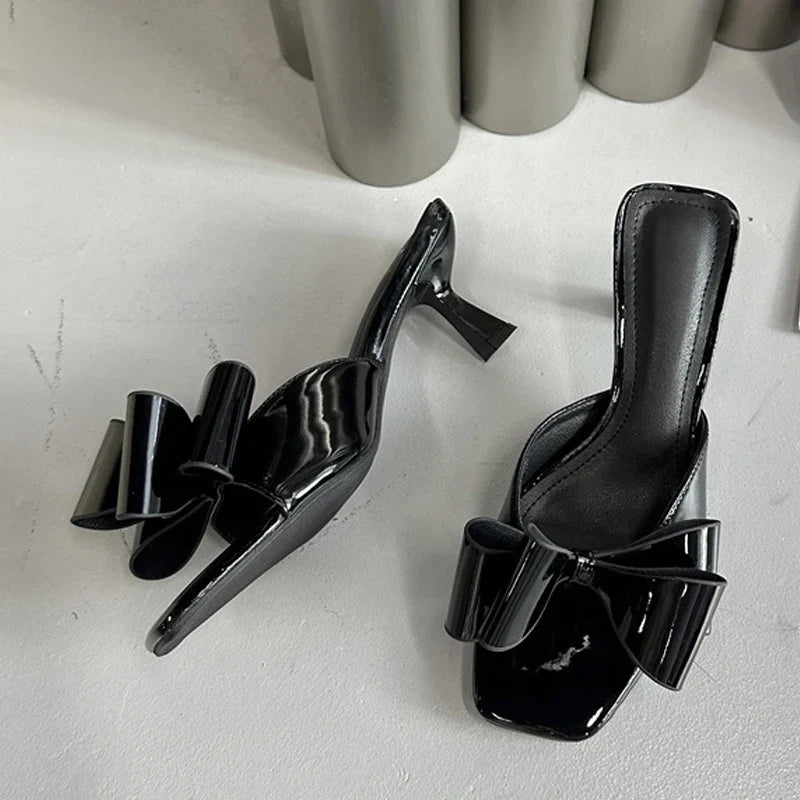 Patent Leather Butterfly Knot Slippers Square Toe Low Thin Heels Mules Slides Shoes Size 39