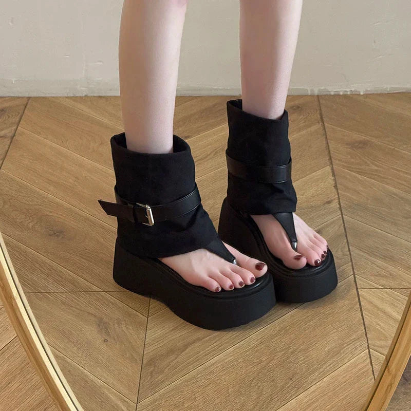 Platform Flats Ankle Boots Clip Toe Shoes Elegant Belt Buckle Sandalias Booties