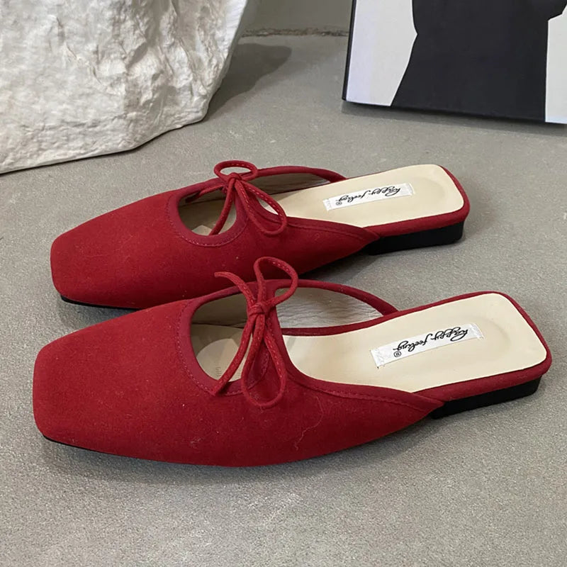 Flat Slipper Square Toe Slip On Mules Shoes Soft Flat Heel Outdoor Dress Sandal Slides Woman