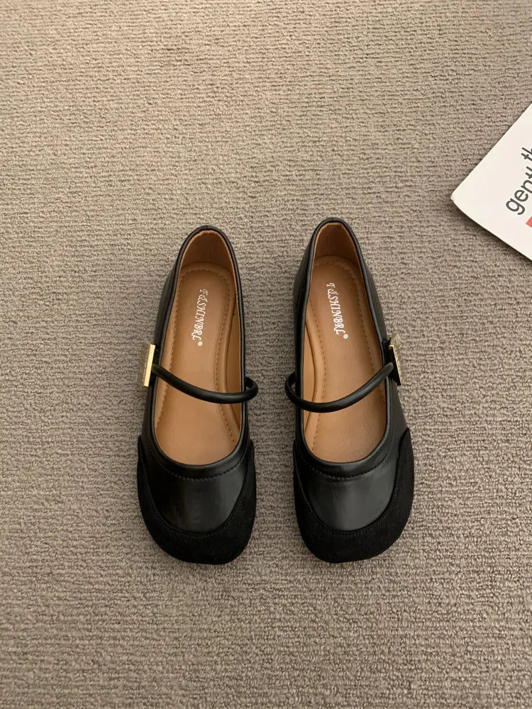 Leather Shallow Soft Sole Casual Mary Jane Shoes French Metal Buckle Flat Shoes