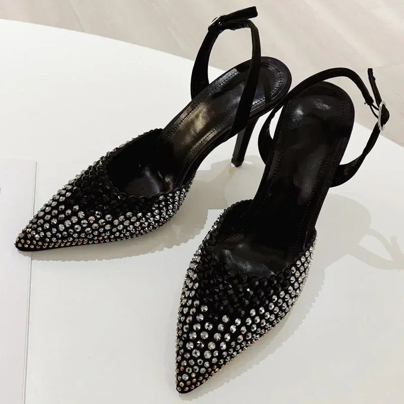 Rhinestones Pointed Toe Thin High Heels Hollow Buckle Brand Sandals Banquet Party Shoes