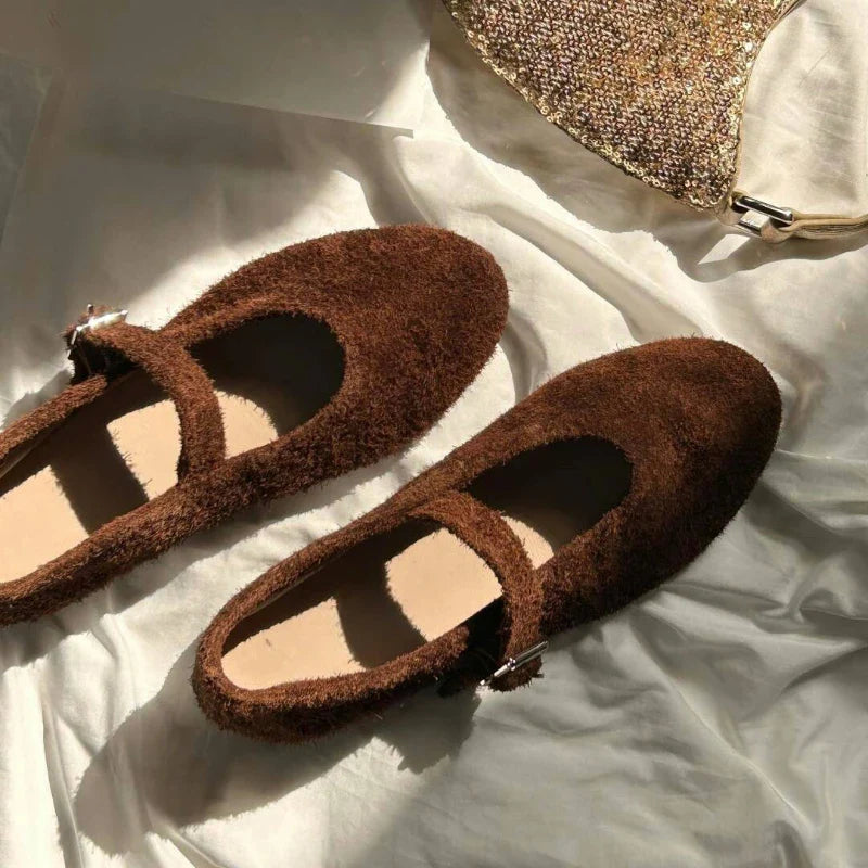 Leather Mary Janes Flats Shoes Cow Suede Buckle Strap Ballet Flats Shoes Shallow Soft Casual Loafers