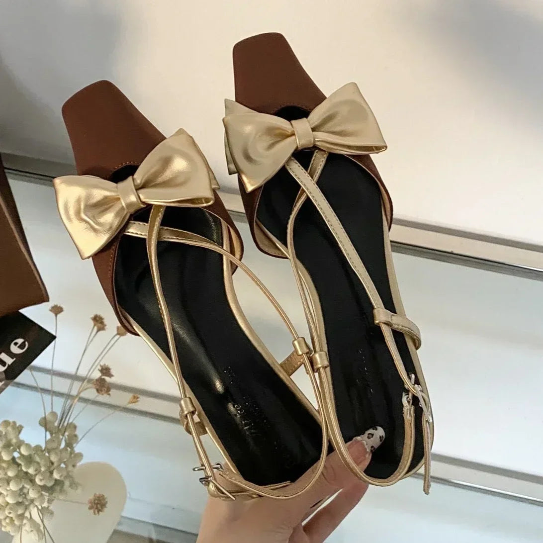 Sweet Butterfly-knot Low Heel Mules Shallow Elegant Comfy Cross-tied Square Toe Slingback Sandals