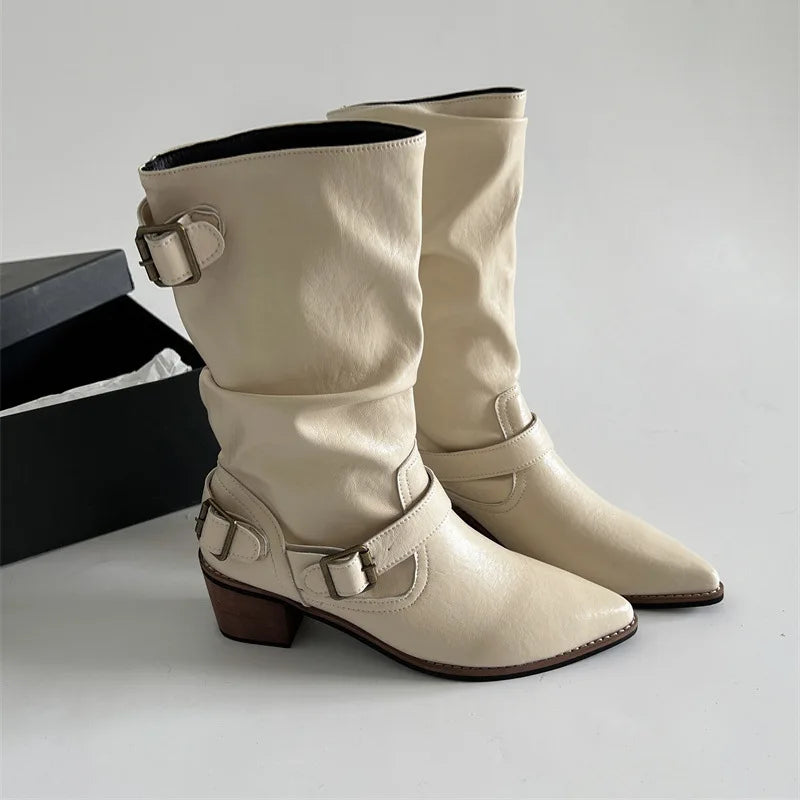 Western Cowboy Boots Vintage Slip On Thick Heel Shoes Mid Calf Botas Zapatos De Mujer