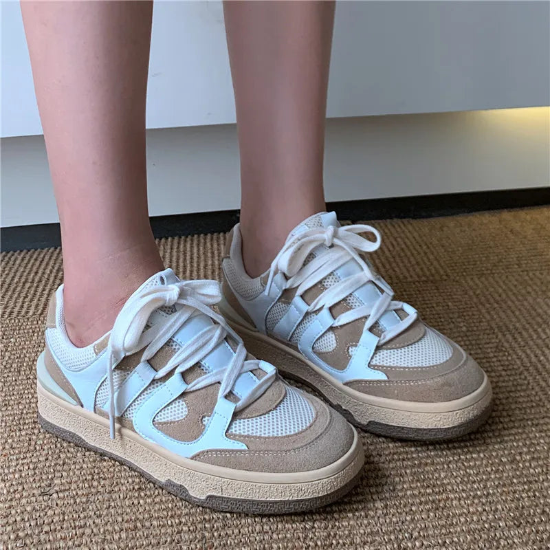 Sneakers Outdoor Casual Mixed Colors Genuine Leather Cross-Tied Shoes Woman Flats Platforms