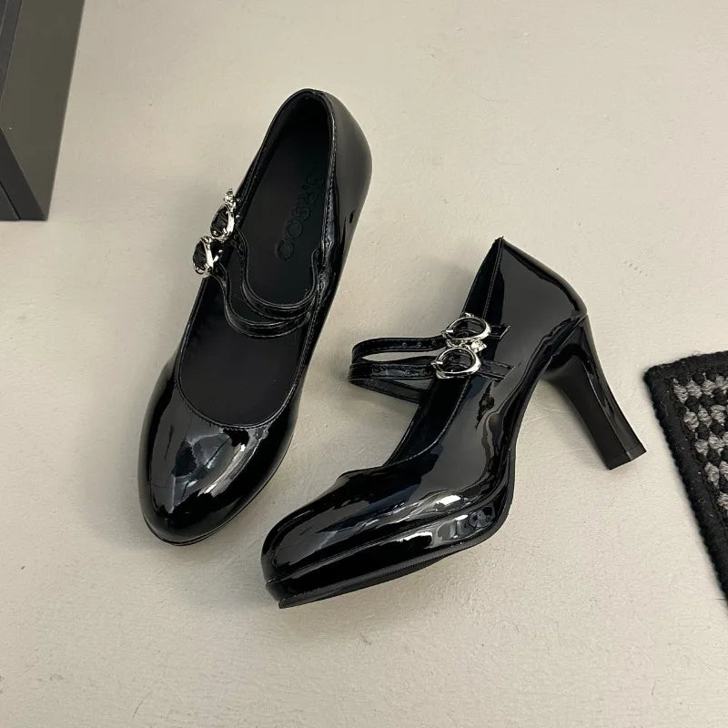 Thick Heel Mary Jane Shoes Concise Shallow Belt Buckle Shoes Outdoor Elegant Dress Dancing Pumps