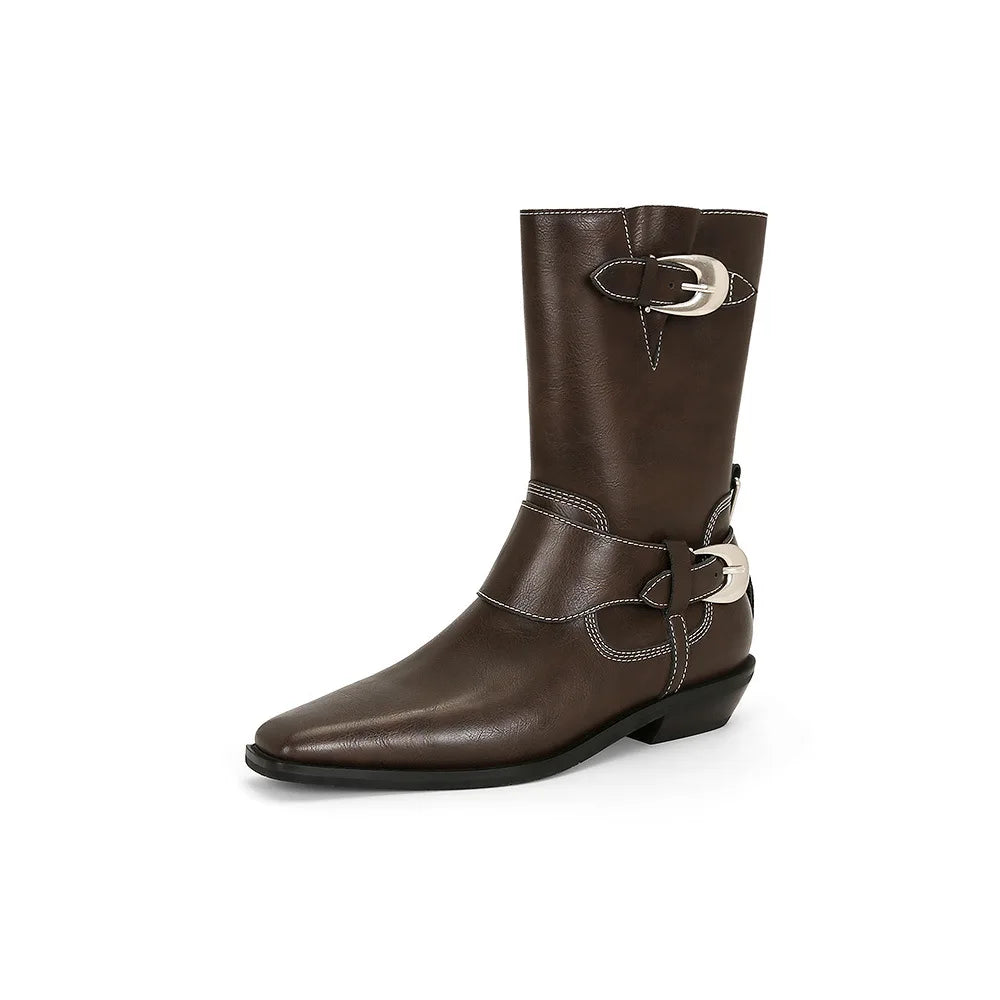 Boots Plush Warm Mid Calf Boots Chelsea Shoes Square Toe Metal Buckle Short Boots
