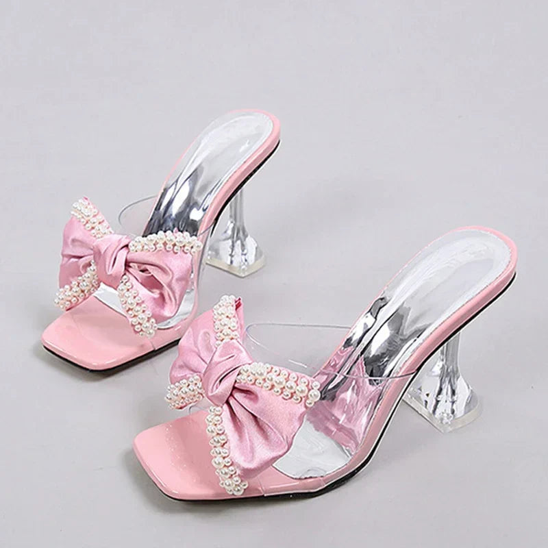 Pearl Bow Slipper Transparent PVC High Heeled Non Slip Mule Shoes