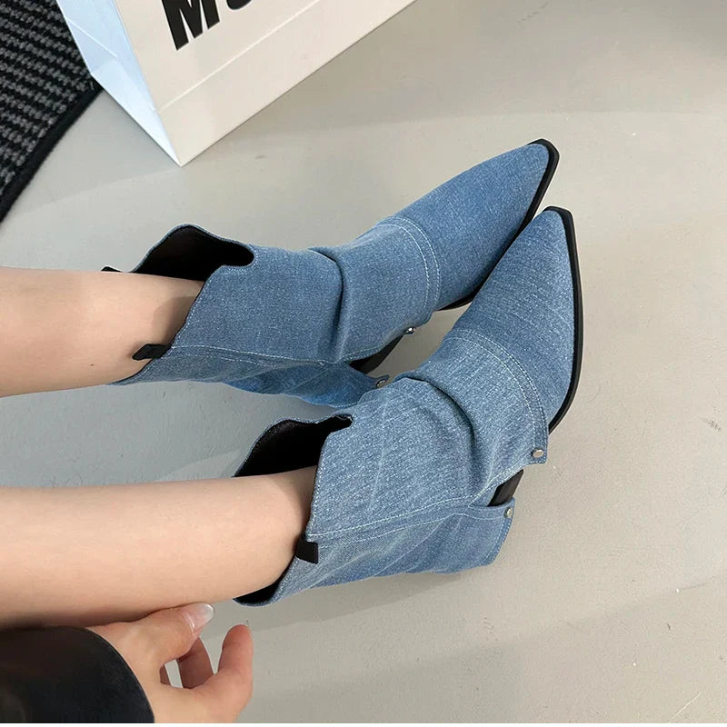 Western Cowboy Boots Vintage Pointed Toe Shoes Thick Heel Short Botas Zapatos De Mujer