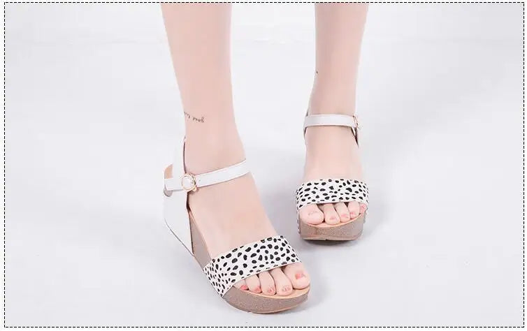 Genuine Horsehair High-heeled Thick-soled Leopard-print Roman Slope-heeled Sandals 32 33 Small Size Shoes