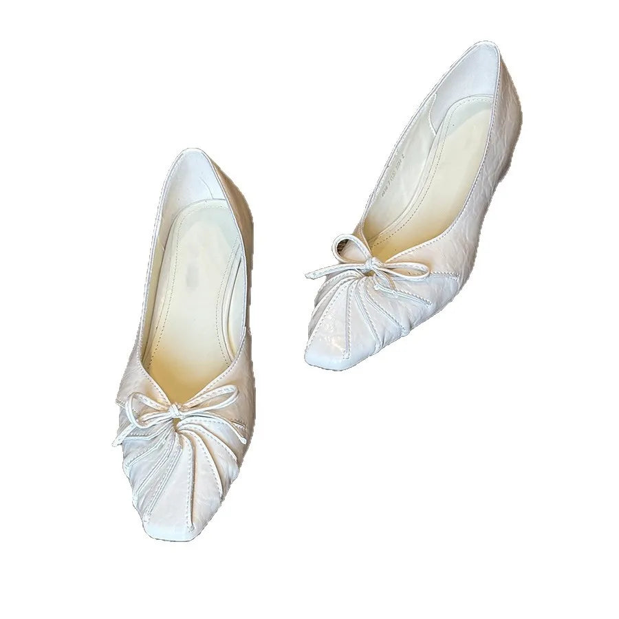Square Bow Decorative Flat Shoes Leather Pleated Shallow Mouth Loafers Shoes Outdoor Comfortable Shoes