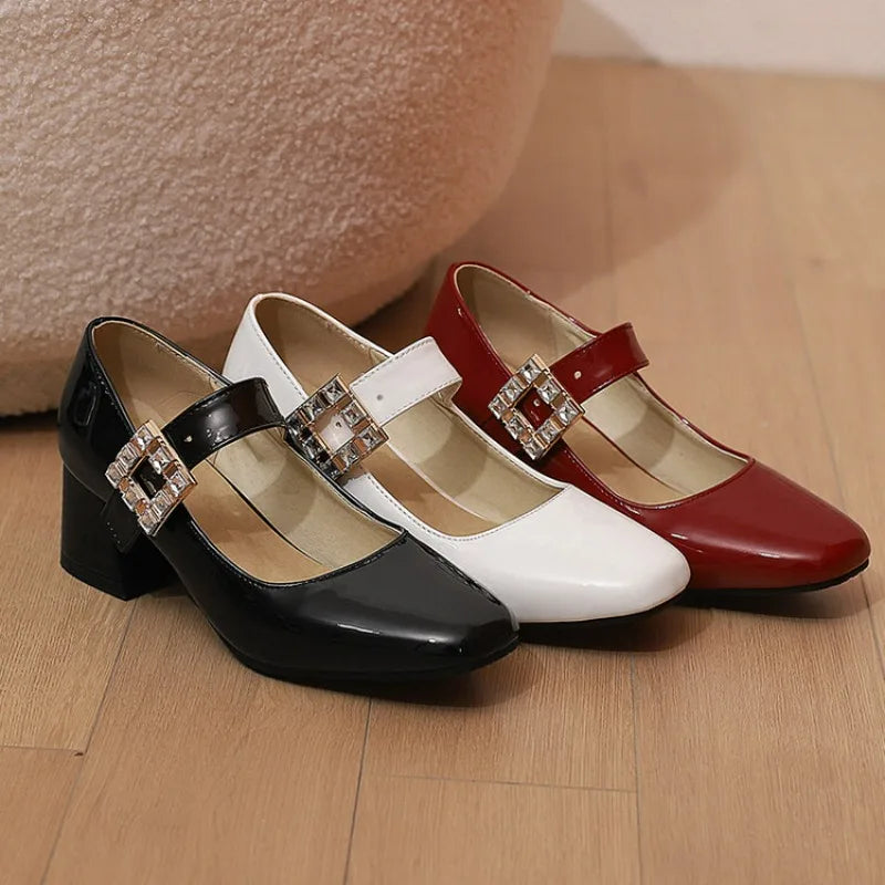 Plus Size 48 Patent Leather Mary Jane Shoes Sparkly Crystal Rhinestone Burgundy White Block Heel Pumps Party Shoe