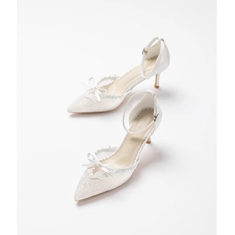 and pointed hollow lace bow low-heeled wedding shoes thin high-heeled banquet dress small size sandals