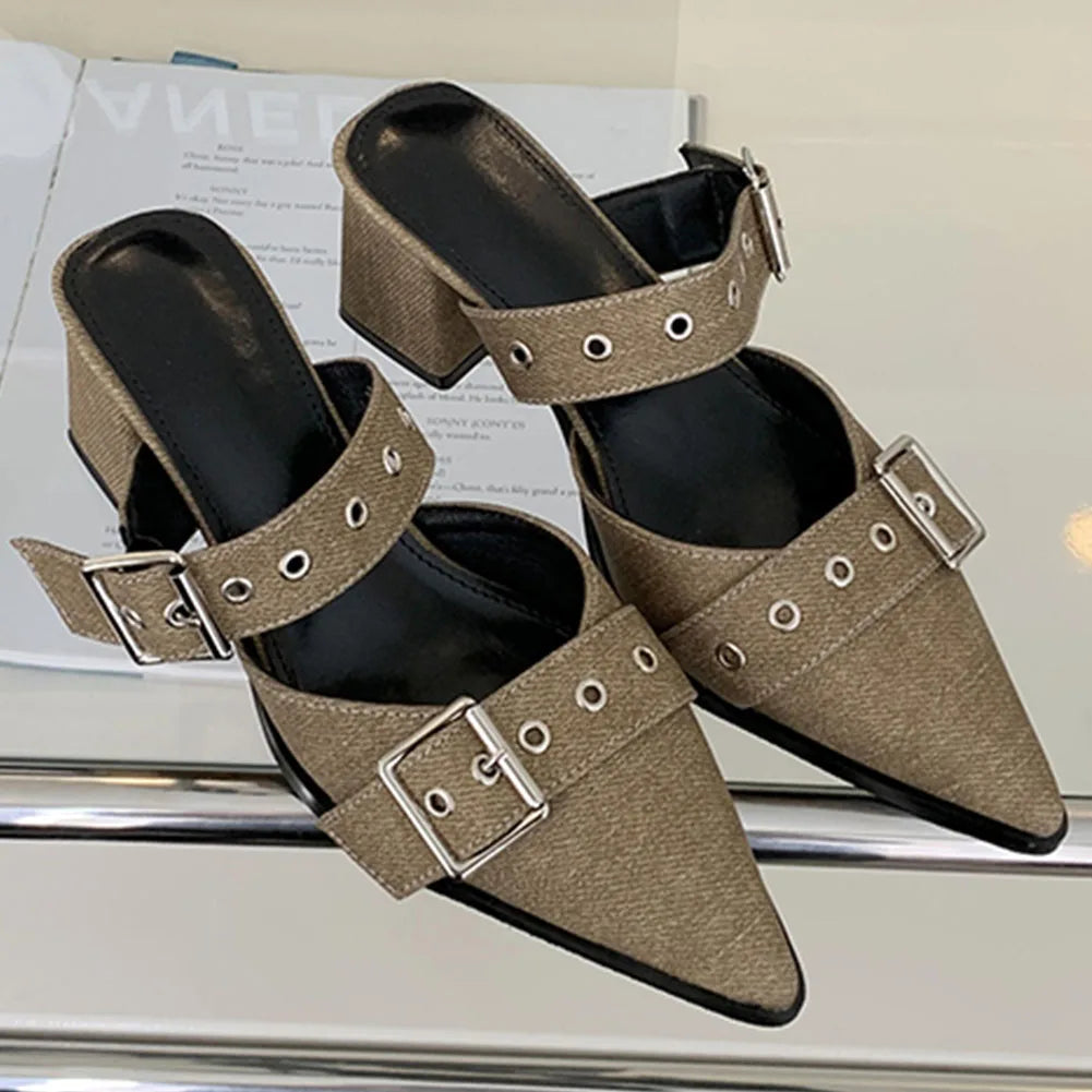 Pumps Belt Buckle Pointed Toe Black High Heel Mule Slides Half Slipper