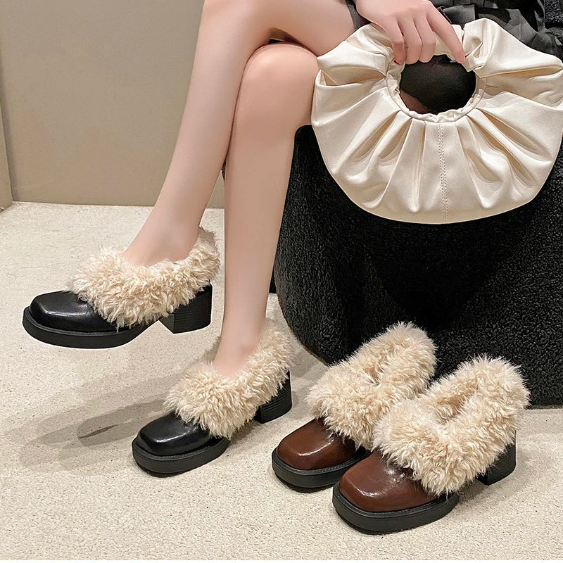Fur Lining Mary Jane Shoes Elegant Square Toe Slip 2026 Keep Warm Thick Heel Single Shoes