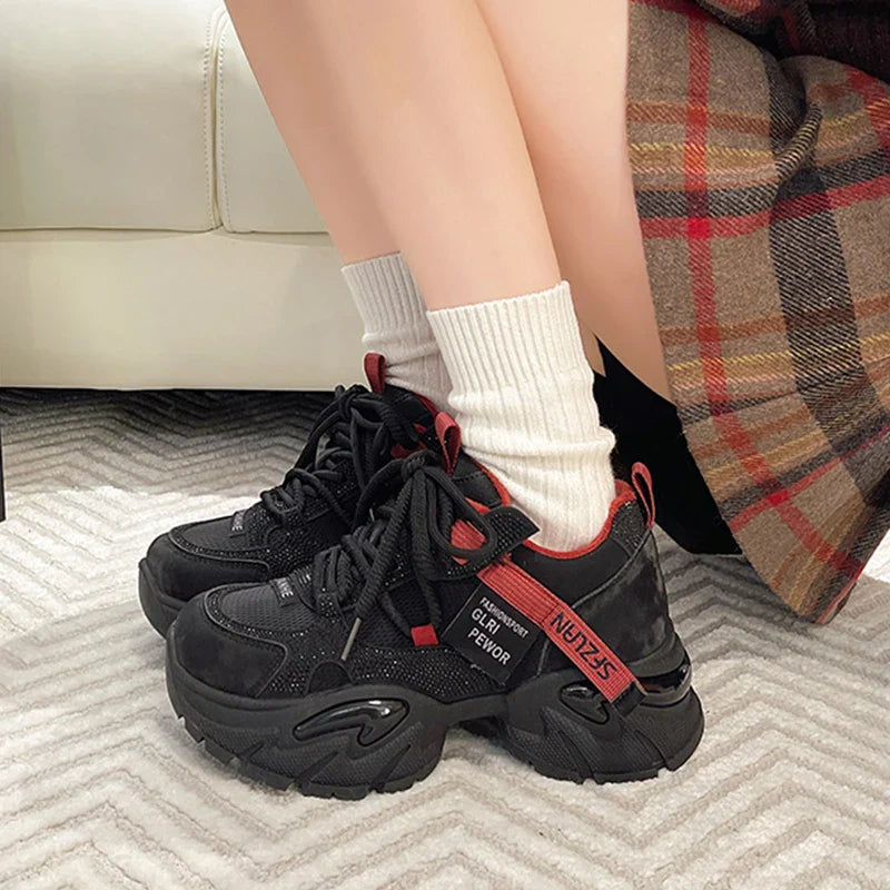 Crystal Chunky Sneakers Comfortable Lace Up Platform Dad Shoes Woman Breathable Mesh Running Sneakers