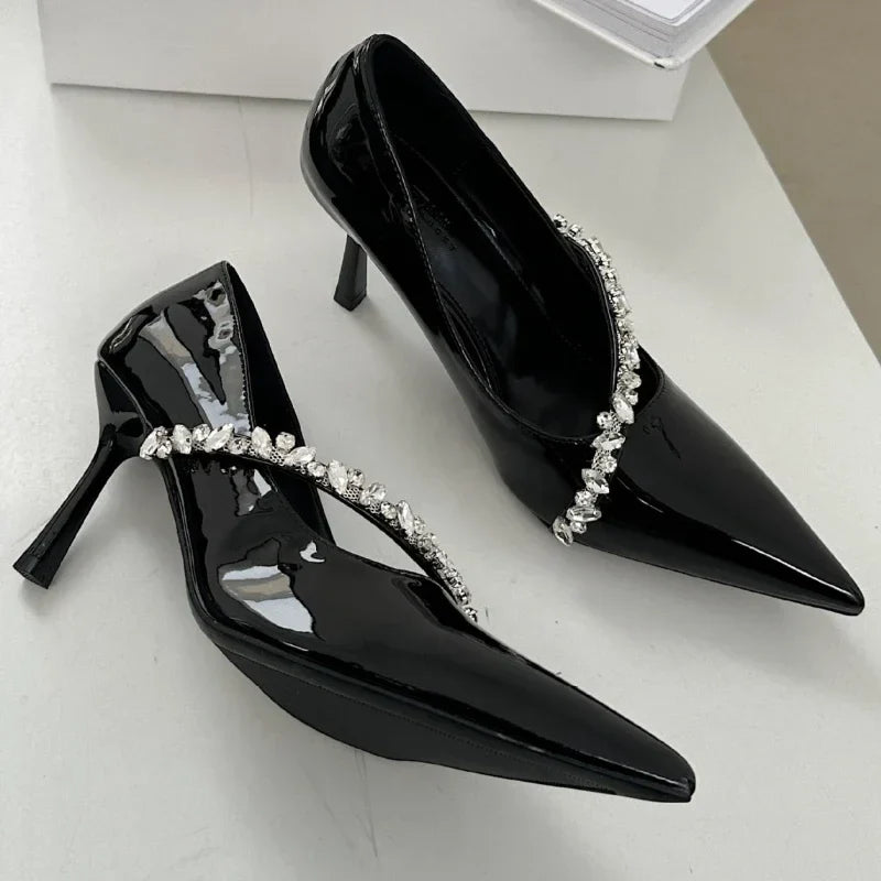 Rhinestone Chain Thin High Heels Pointed Toe Pumps Office Shoes Elegant Zapatos De Mujer
