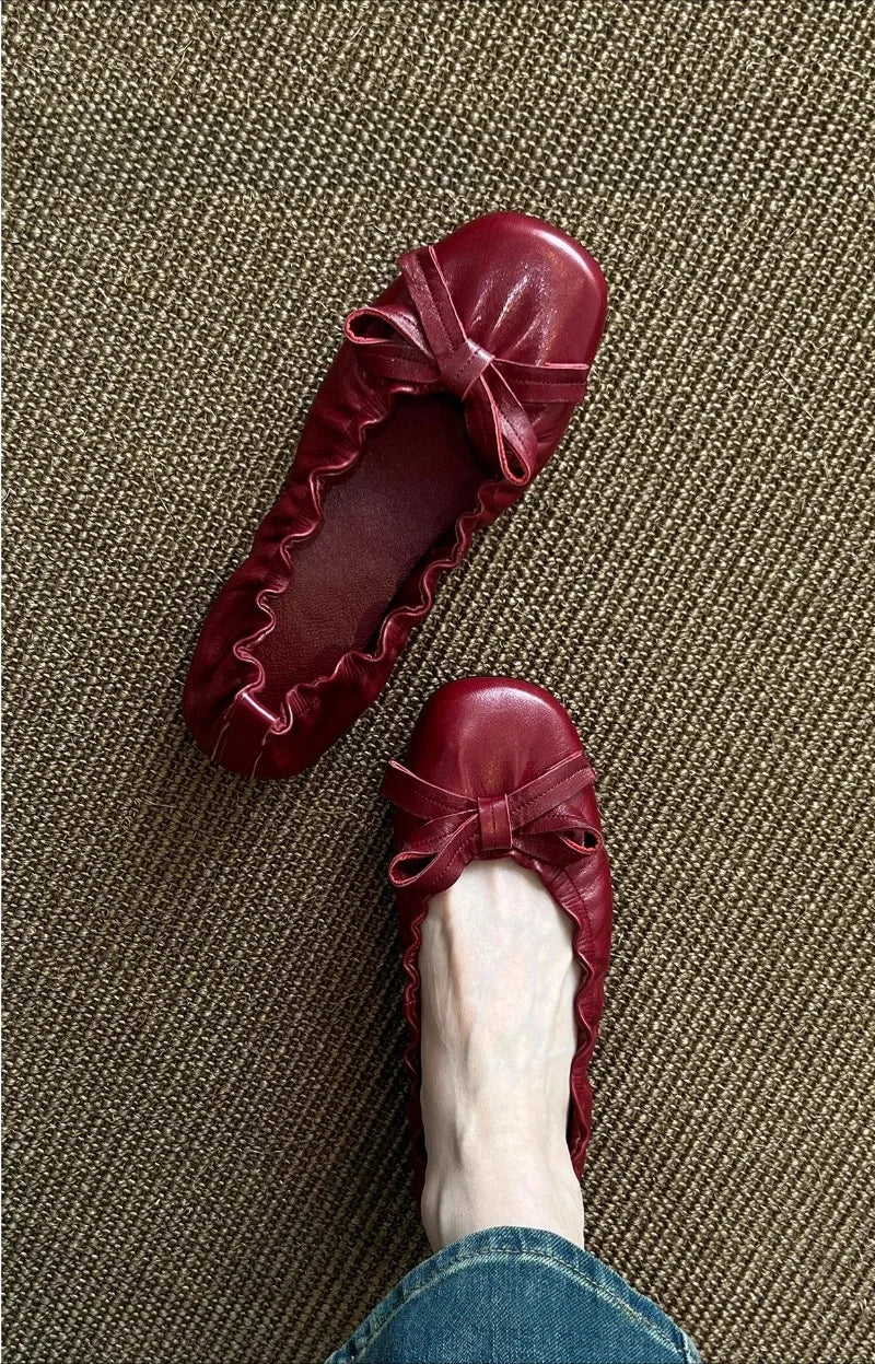 Red Bow Pleated Design Brand Ballet Flat Shoes Retro Round Toe Shallow Mary Jane Shoes Comfortable Moccasin