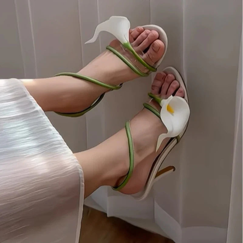Three-Dimensional Flower Open Toe Stiletto One-Strap Sandals Woman White Slip-On High Heels Shoes