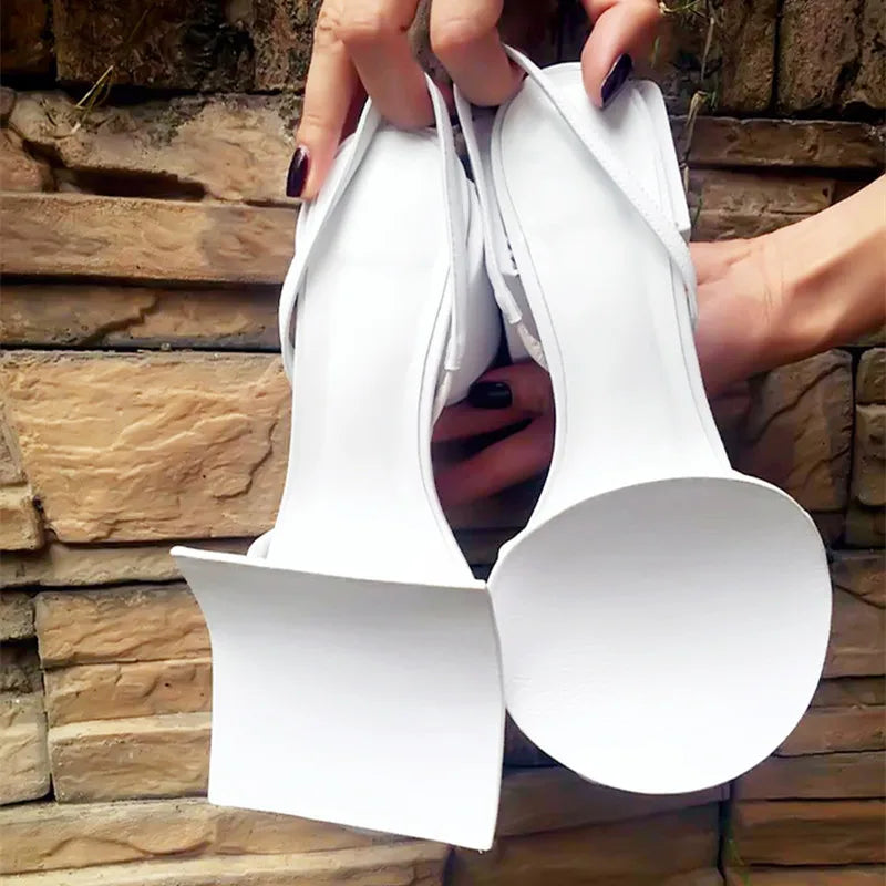 Asymmetrical Geometric Decor Comfortable Thick High heels White Leather Slingbacks
