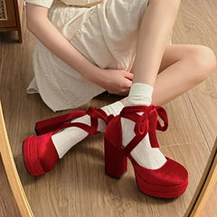 Pumps Double Platform Thick High Heels Velvet Ankle Strap Sweet Cute Pumps Lolita Pink Shoes