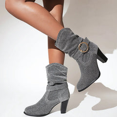 Pointed Toe Square Root Mid-Calf Boots Shiny Buckle Party Shoes Woman