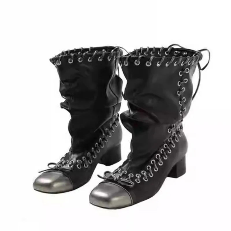 Vintage Pleated Mid-Calf Boots Cross-tied Square Toe Mid Heels Leather Novelty Concise Shoes
