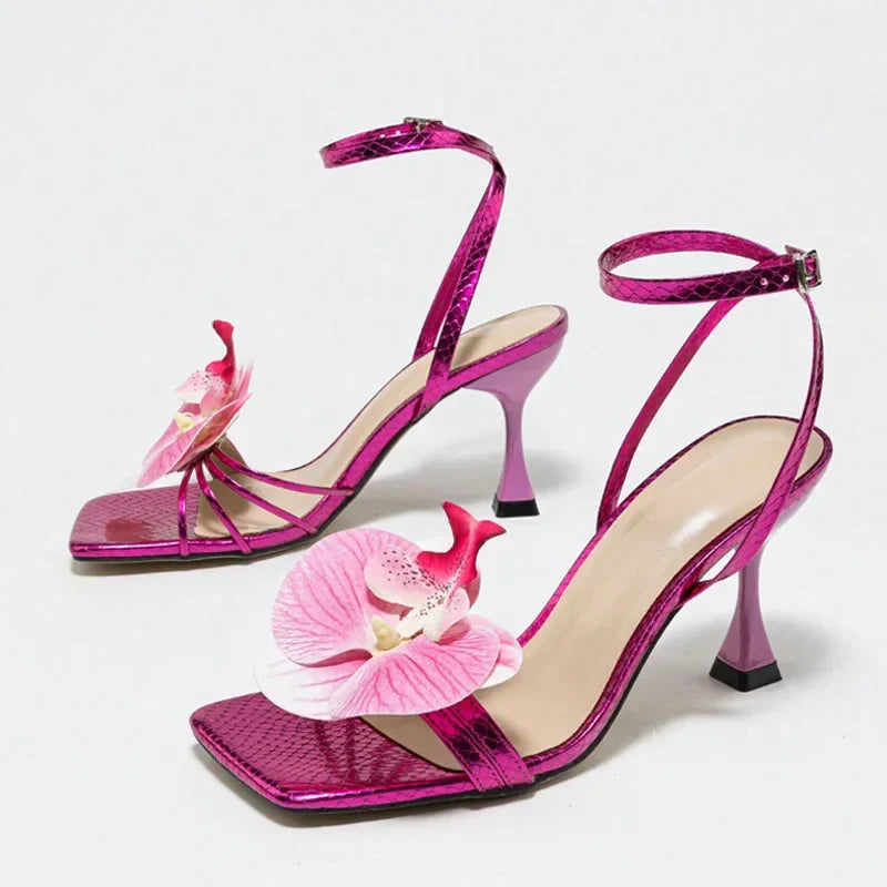 Flowers Square Toe Open Toe High Heel Brand Design Narrow Band Party Thin High Sandals Stripper Shoes