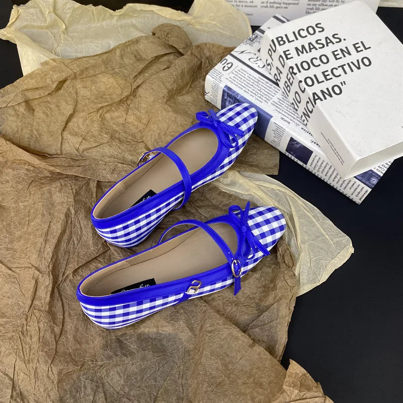 High Quality Checkered Design Mary Jane Shoes Inner Height Increase Flat Ballet Shoes Comfortable Soft Bottom
