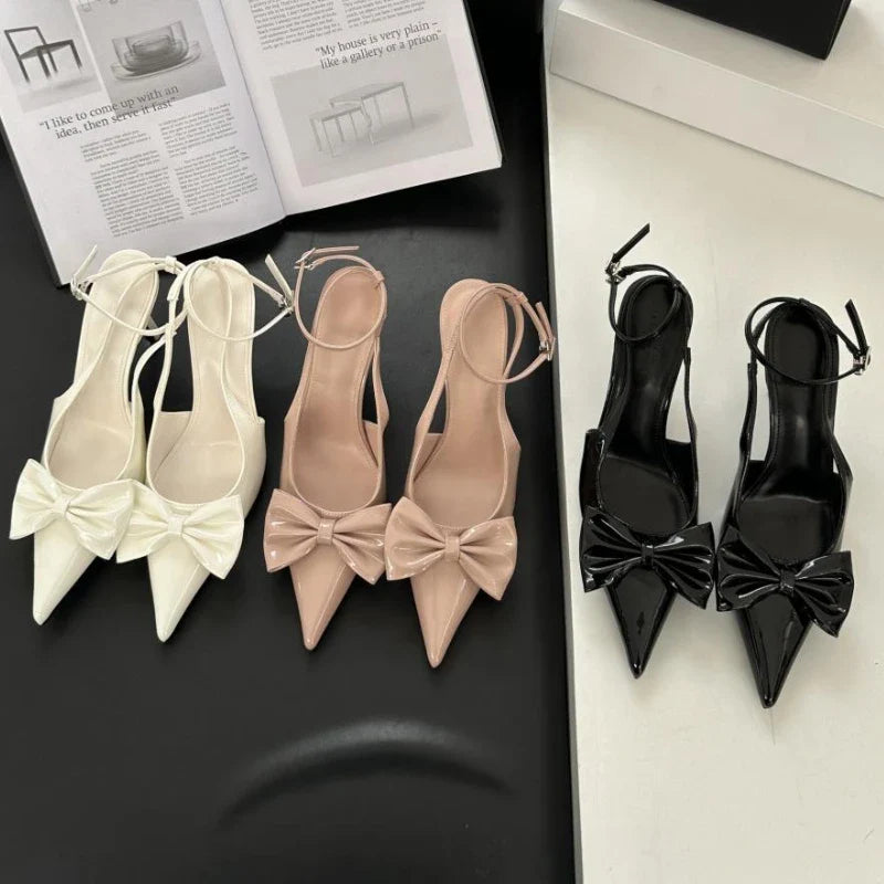 Bowknot Pointed Toe Ankle Strap High Heeled Shoes Brand Thin High Heel Backless Sweet Pumps