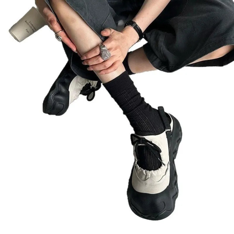 Street Explosion 5CM Mary Jane Sandals Wave Thick Bottom Lace Hollow Big Head Bread Shoes