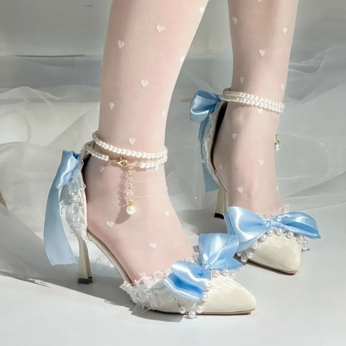 Party Shoes Woman Trend Blue High Heels Woman Pearl Lolita Shoes Y2K Heel Mary Jane Slingback