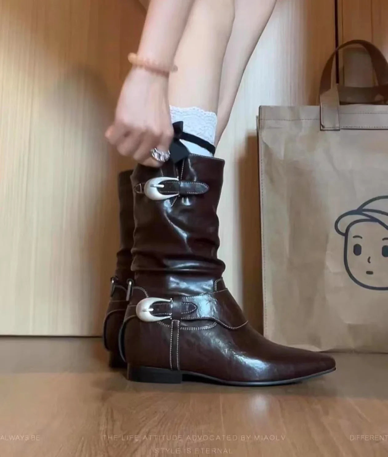 Round Toe Square Heel Elegant Mid-calf Boots Pin Buckle Decoration Solid Color Simple