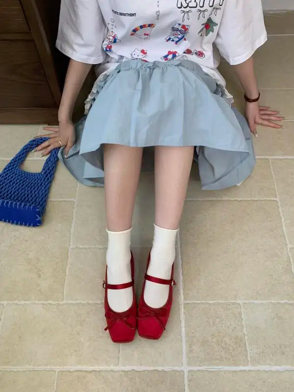Woman Shallow Mouth Grandma Soft Bow-Knot Square Toe Elegant Ballet Dress Butterfly