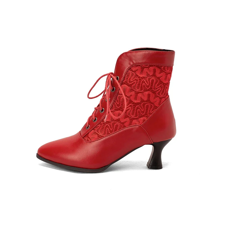White Red Victorian Pointed Toe Ankle Boots PU Leather Embroidered Laces Punk Cross-tied Kitten High Heel Shoes Plus Size