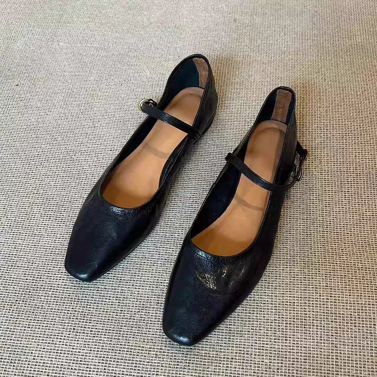 Mary Jane Shoes Retro Square Toe Flat Heel Strap Genuine Leather Soft Shallow Single Shoes