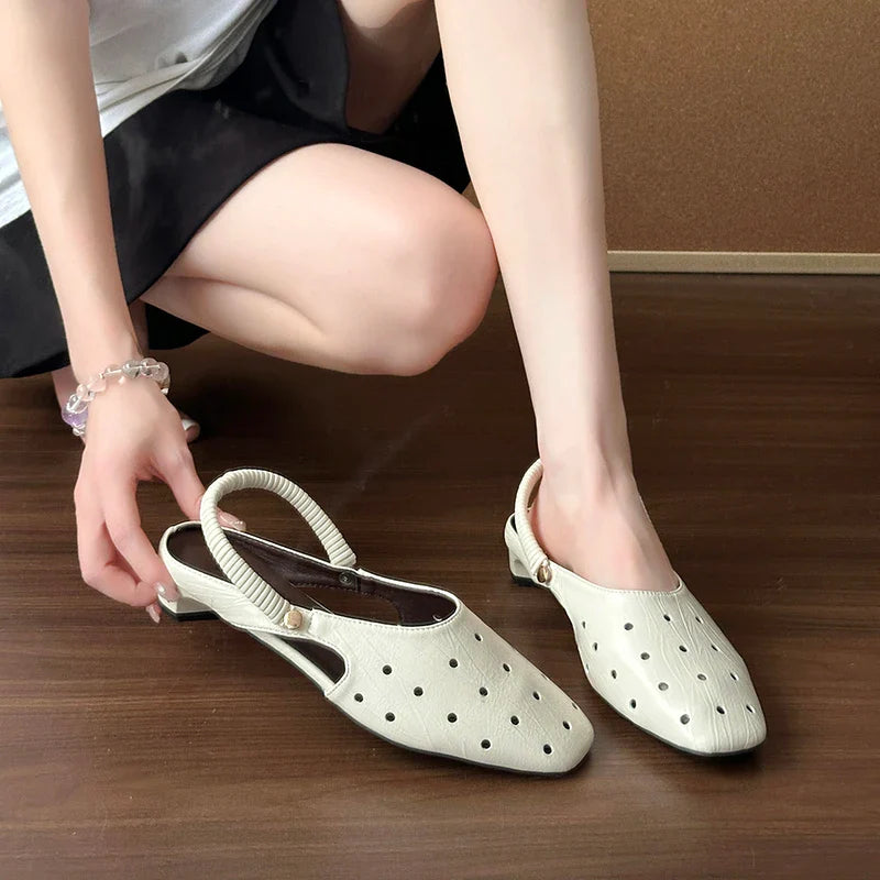 Hollow Sandals Heels Slippers Beach Mules Shoes Trend Chunky Leather Shoes Casual Flip Flops Mujer Slides