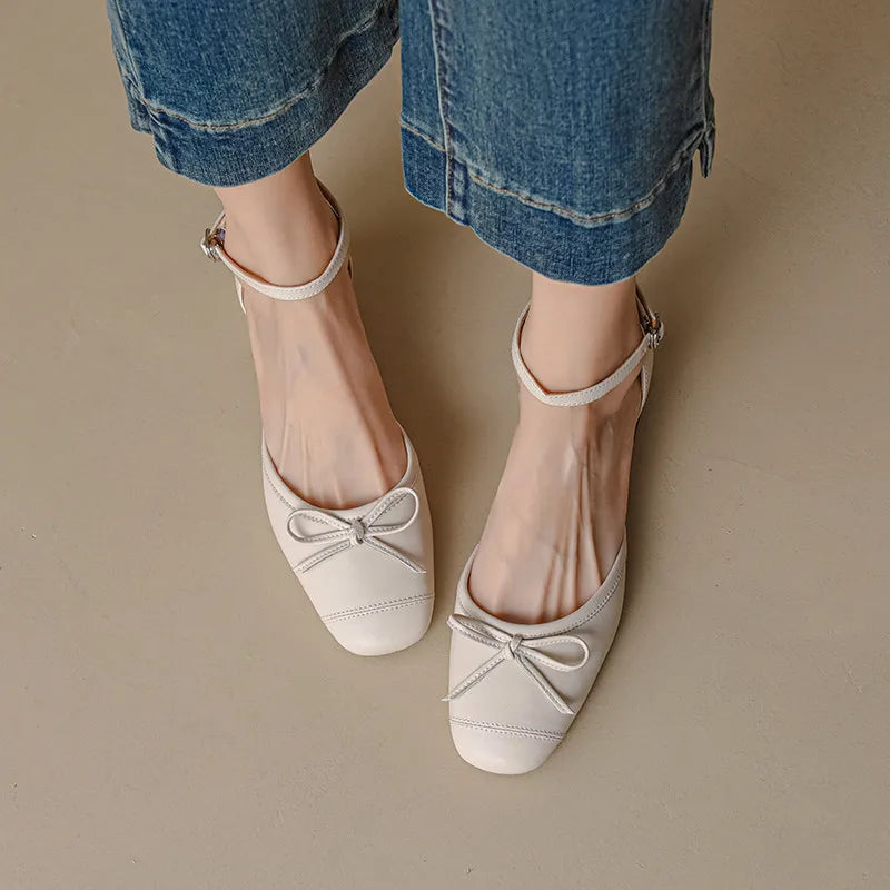 Sweet Retro Butterfly Knot Genuine Leather Thick Heels Ankle Strap Shoes Woman Party Wedding