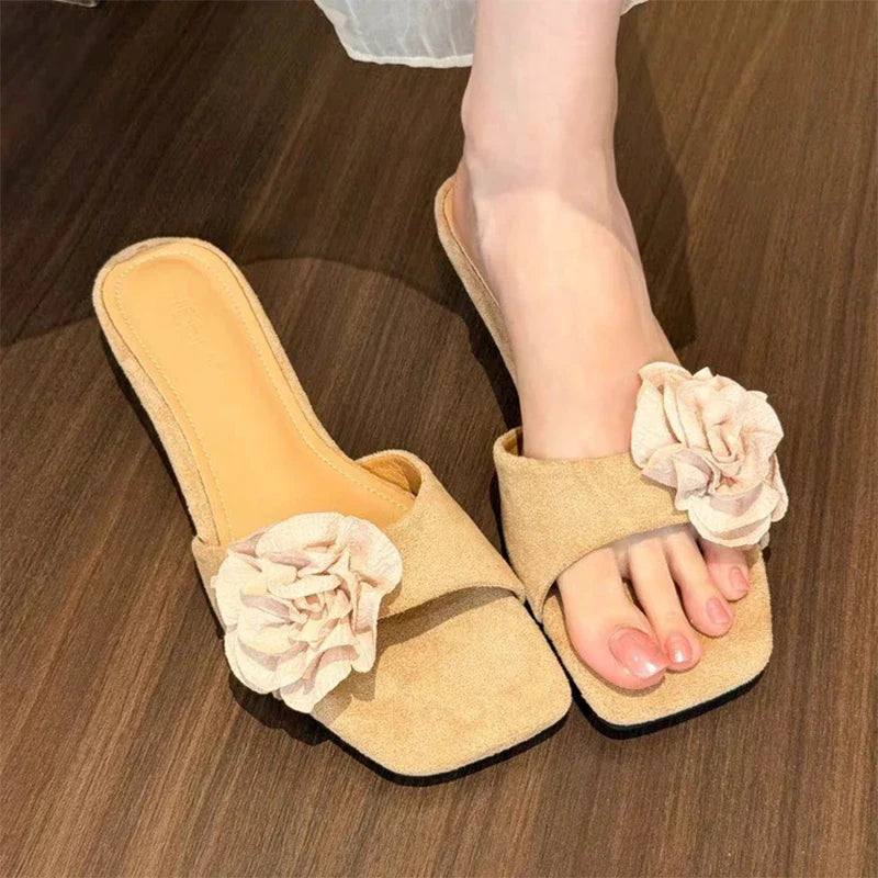 Flower Slippers Square Toe Flats Sandals Elegant Slingback Slides Mujer Flip Flops