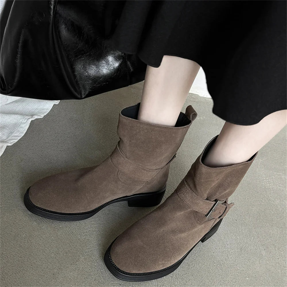 Ankle Boots Cow Suede Round Toe Motorcycle Boots Thick Low Heels Warm Shoes Buckles Boots