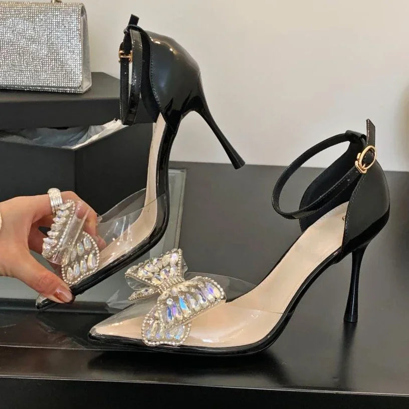 Rhinestone Bow Pvc Transparent High Heels Hollow Party Pointed Toe Heeled Sandals