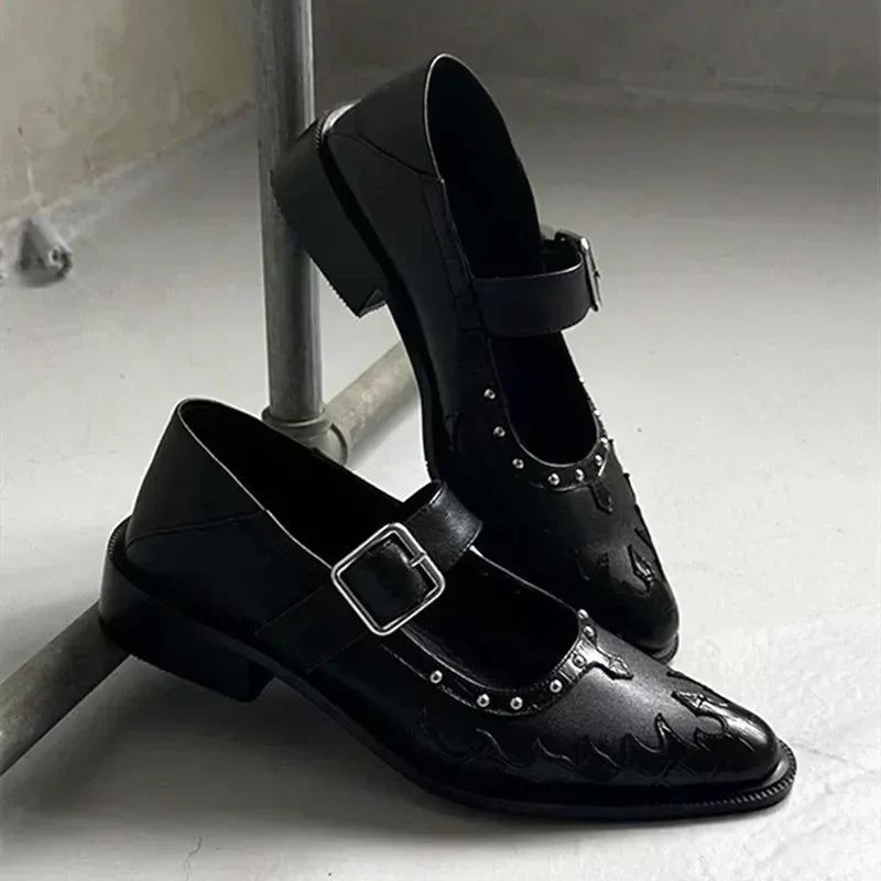 High Quality Leather Shoes Pointed Toe Metal Buckle Mary Jane Shoes