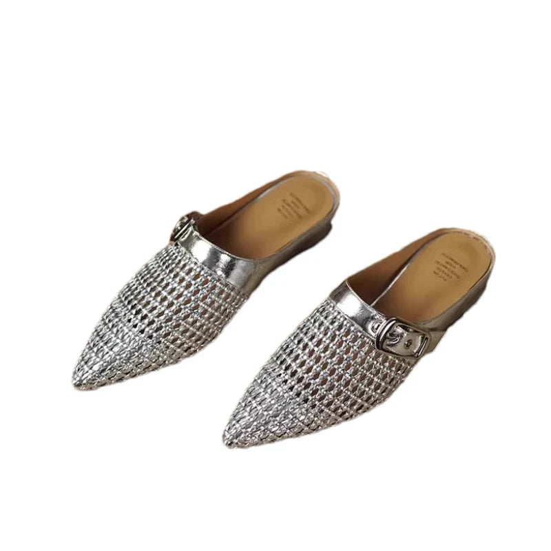 Weave Pointed Toe Slippers Flats Mules Shoes Dress Slingback Shoes Casual Flip Flops De Woman