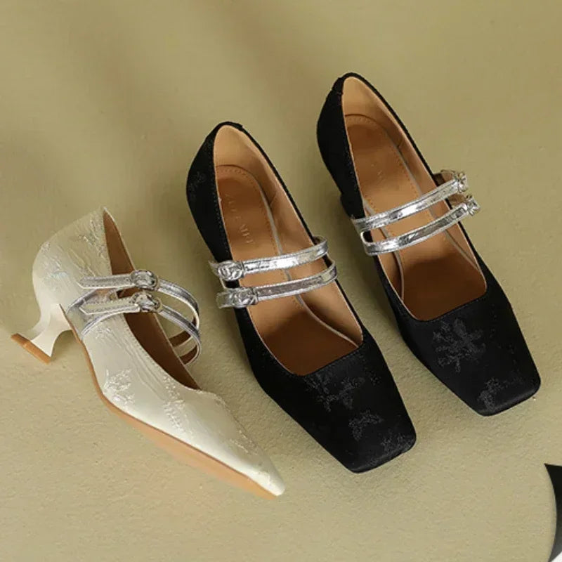 High Heels Silk Square Toe Elegant Comfort Belt Buckle Low Heel Shoes