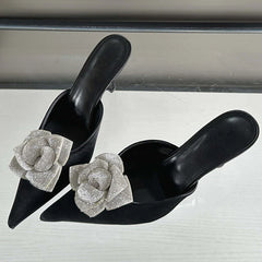 CRYSTAL Flower Silk Pointed Toe Slippers Thin Heels Party Dress Mule Shoes