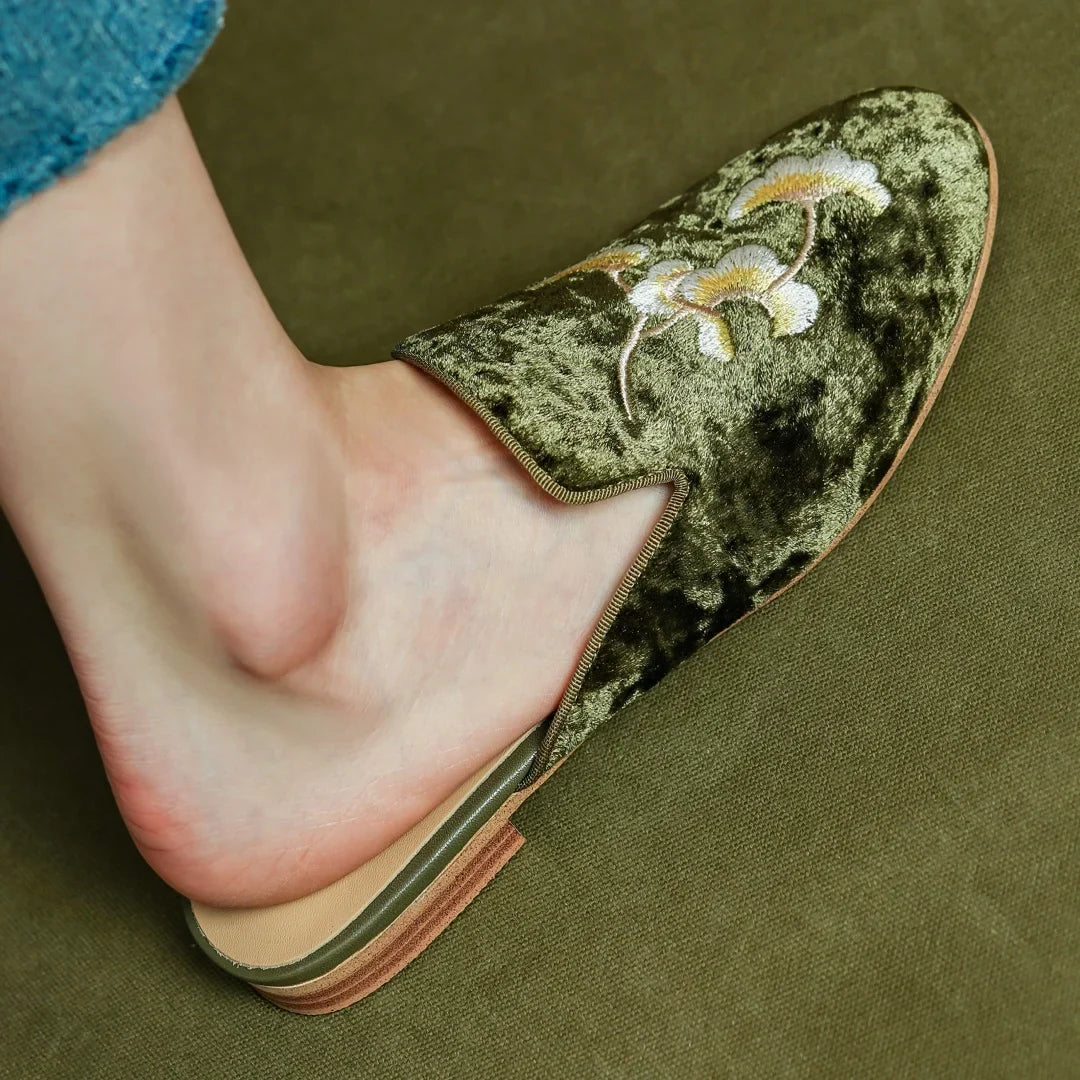 embroidery velvet slip-on flats mules round toe pigskin inside sheepskin insole casual sandals shoes woman