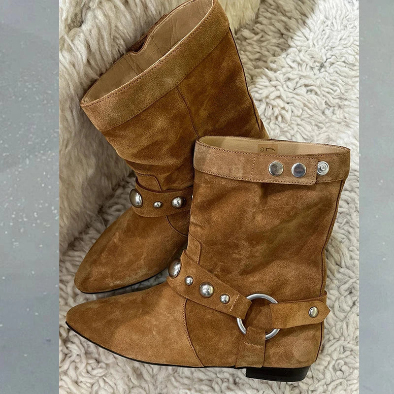 Brown Western Boots Metal Belt Rivet Buckle Casual Flat Shoes Ankle Booties Zapatos De Mujer
