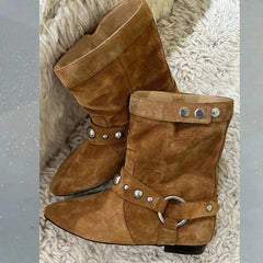 Brown Western Boots Metal Belt Rivet Buckle Casual Flat Shoes Ankle Booties Zapatos De Mujer