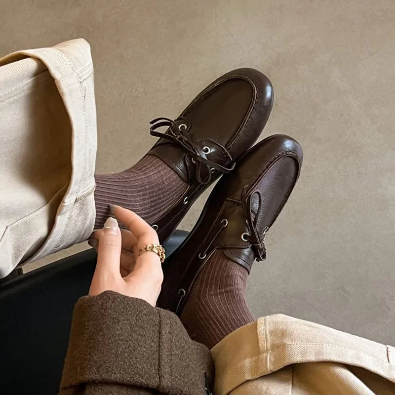 Leather Flats Shoes Loafers Round toe Vintage Suede Leather Casual British Style Flat Single Shoes